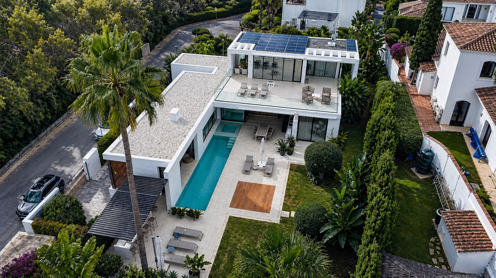 Contemporary villa from above: lap pool, terraces and roof terrace